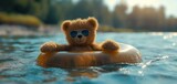 cute teddy bear wearing sunglasses sitting in floatie,  relax in pool, happy summer vacation time, Generative Ai