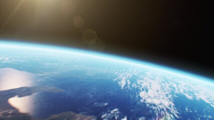beautiful flight from the earth and sun in space. blue planet with clouds and night cities lights gl