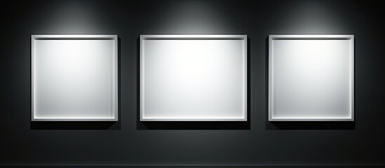 Canvas Print - Three rectangular white frames adorn a black wall with perfect symmetry. The monochrome photography stands out against the darkness, creating a striking visual fixture