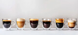 Set with different cups of hot aromatic espresso coffee Isolated on grey  background