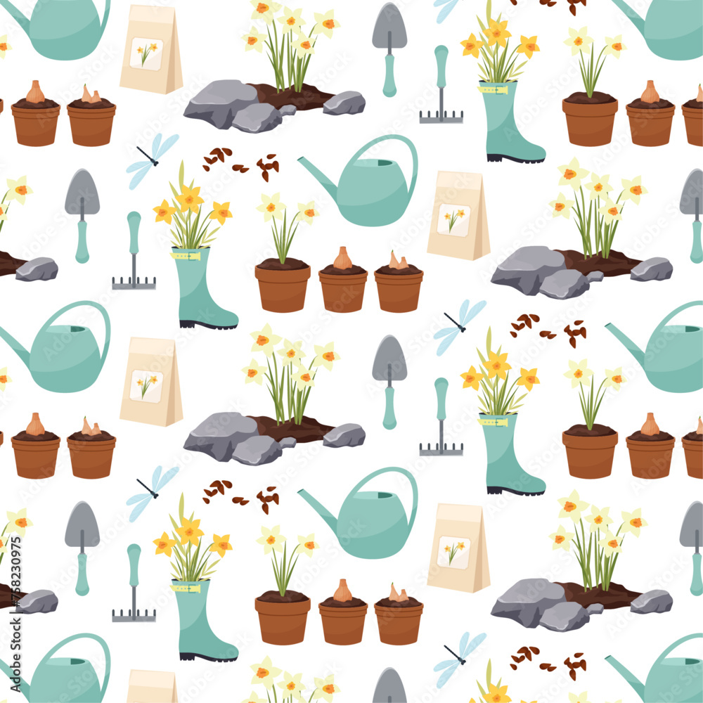 Seamless pattern with garden elements. Spring pattern on a transparent ...