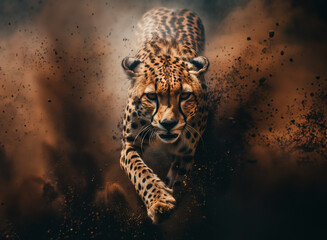 Wall Mural - a fast cheetah running through loose dirt