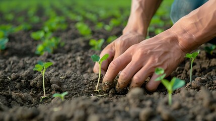 Poster - Close-up of hands nurturing delicate seedlings in fertile soil. concept of growth, care, and sustainable agriculture. perfect for environmental themes. AI