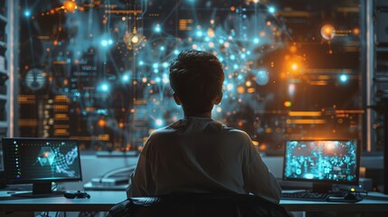 Man IT Engineer sitting in Working Data Center, Explaining Things, While Works on laptop computer, showing the innovation of artificial intelligence. Generative ai