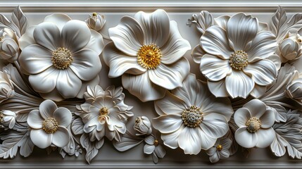 Wall Mural -  a group of white flowers sitting on top of a white table next to a white and gold framed piece of artwork.