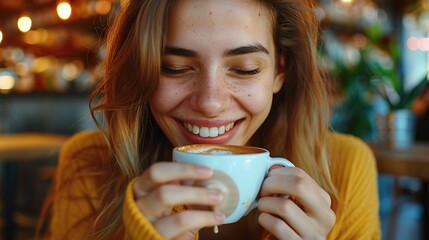 Wall Mural - Close-up of a happy young woman enjoying a cappuccino in a coffee shop; Aromatic and cheerful delight for coffee, real photo, stock photography ai generative high quality images