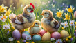 Easter symbolic illustration. A hen and her chicks on colored Easter eggs in a floral and country setting

