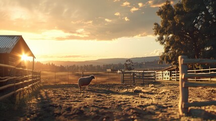 Wall Mural - Sunset at the Sheep Farm, serene sunset casts golden hues over a farm, where a solitary sheep grazes peacefully in the vastness of the countryside