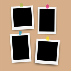 Poster - Set of realistic modern Photo Frames glued on tape. Taped on photograph Mockup design on brawn background. Vector illustration for memory in scrapbook or notebook