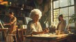 Senior Artist Painting in Sunlit Studio, Elderly woman engrossed in painting at a sunny art studio with others around, embodying creativity and lifelong learning