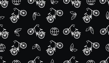 Black white seamless pattern with contours of  bicycle, globe and leaves.Background with environmentally friendly form of transport for travel.Linear objects print on fabric and paper,banner template.
