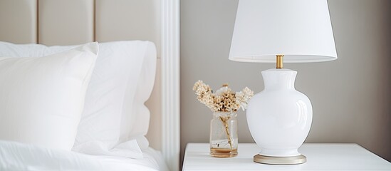 Poster - A white lamp is placed on a white nightstand next to a bed, surrounded by elegant furniture and a vase of peachcolored petals. The room features wooden flooring and glass drinkware