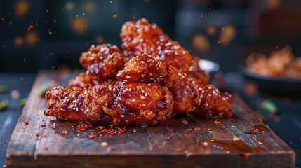 Wall Mural - gastronomic picture of a 2 michelin star's spicy korean fried chicken tenders with a lot of CHILI SAUCE and crumbles on a woodtable. Cinematographic, dark blue background