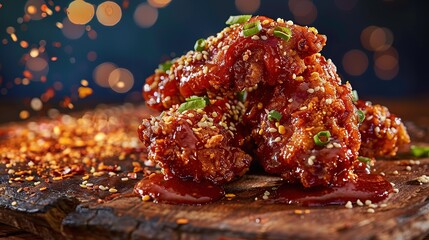 gastronomic picture of a 2 michelin star's spicy korean fried chicken tenders with a lot of CHILI SAUCE and crumbles on a woodtable. Cinematographic, dark blue background