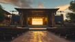 A luxurious outdoor concert stage sits empty, on both sides of the stage, there are two large empty billboards