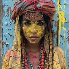 Editorial fashion photograph of avant-garde Holi festival attire with splashes of color.