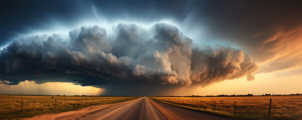 Thunder super storm or tornado on road.