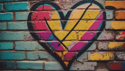 Wall Mural - Colorful graffiti heart on the brick wall as a love symbol