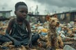 An African dirty boy is relaxing with his dog from the tedious work of collecting garbage against the background of a city dump