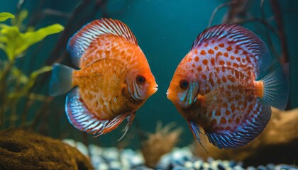 Wall Mural - Couple of colorful discus fish gracefully swim in the water of an aquarium