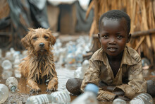 An African Dirty Boy Is Relaxing With His Dog From The Tedious Work Of Collecting Garbage Against The Background Of A City Dump