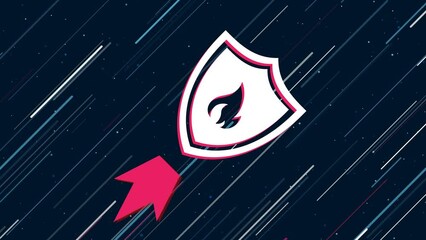 Poster - Fire protection symbol flies through the universe on a jet propulsion. The symbol in the center is shaking due to high speed. Seamless looped 4k animation on dark blue background with stars