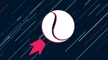 Poster - Tennis ball flies through the universe on a jet propulsion. The symbol in the center is shaking due to high speed. Seamless looped 4k animation on dark blue background with stars