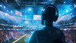 © road to millionaire - A spectator or commentator with headphones looking over a packed stadium during a major sporting event