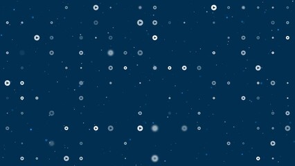 Wall Mural - Template animation of evenly spaced play symbols of different sizes and opacity. Animation of transparency and size. Seamless looped 4k animation on dark blue background with stars