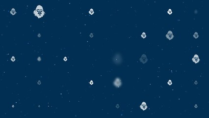 Poster - Template animation of evenly spaced gorilla head symbols of different sizes and opacity. Animation of transparency and size. Seamless looped 4k animation on dark blue background with stars