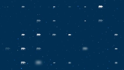 Poster - Template animation of evenly spaced wild rhino symbols of different sizes and opacity. Animation of transparency and size. Seamless looped 4k animation on dark blue background with stars