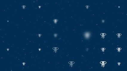 Poster - Template animation of evenly spaced elephant heads of different sizes and opacity. Animation of transparency and size. Seamless looped 4k animation on dark blue background with stars