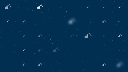 Poster - Template animation of evenly spaced excavator symbols of different sizes and opacity. Animation of transparency and size. Seamless looped 4k animation on dark blue background with stars