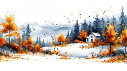  a painting of a snowy landscape with a house in the middle of the trees and birds flying around the house.