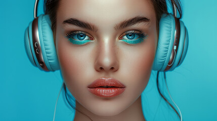 Wall Mural - A woman with blue hair and blue headphones on her head. beautiful young woman with fashion makeup centre facing front wearing large retro headphones