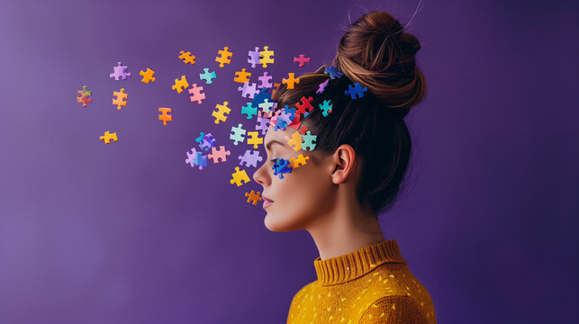 A confused woman on purple background with puzzle pieces near her head is contemplating. Confusion, new chapter concept