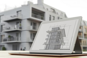 Wall Mural - architecture concept at work of a digital tablet pc with drawing on it, minimalist figures, selective focus, blueprint, in the background is an apartment undergoing designer renovations