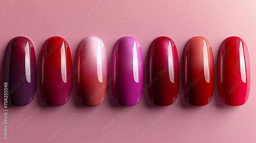 Nail Color Sample Background Nail polish color samples in a row on a pink background. Beauty and ...