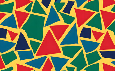 a Colorful vibrant geometric shapes inspired The pattern consists of triangles and rectangles in shades of blue, green, red, and yellow, 
Wallpaper Background