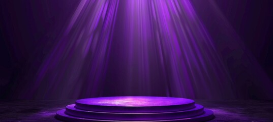 Dark purple podium on light studio stage for product display, abstract scene with spotlights