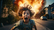 Portrait of a little boy on the street with a big explosion