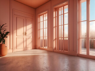 Peach fizz-colored interior, empty room with door, lots of sunlight. Minimalistic contemporary concept design.