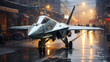 Russian military aircraft MiG-29 in Moscow at night.