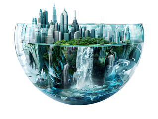 Cityscape Island Within Glass Bowl with Waterfall and Lush Vegetation  isolated on white background PNG transparent background.