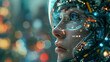 © Frank Gärtner - AI concept: Portrait of a robot with a partly female human face and streams of data visible