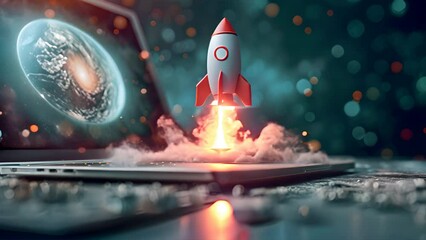 Wall Mural - rocket coming out of laptop screen, innovation and creativity concept, generative ai