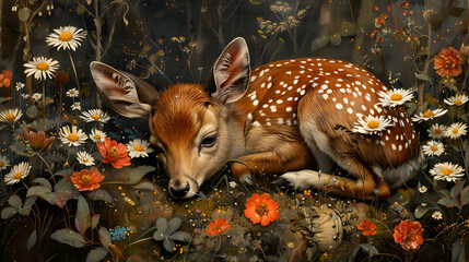 a delicate fawn lies among a dreamy blend of flowers and leaves, displaying a fusion of wildlife and