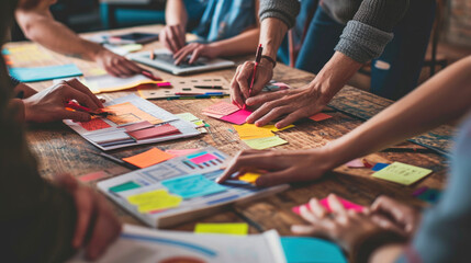 Wall Mural - ?lose-up view of several hands collaboratively working on a project with colorful sticky notes, pape