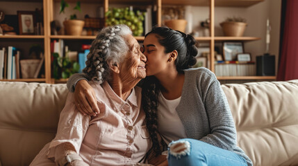 Sticker - Young woman and an elderly woman closely posing together, smiling warmly, giving a sense of family, affection, and generational connection.