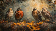 A quartet of perched falcons depicted with detailed brush strokes amidst a backdrop of autumn leaves evoking a sense of serene wilderness